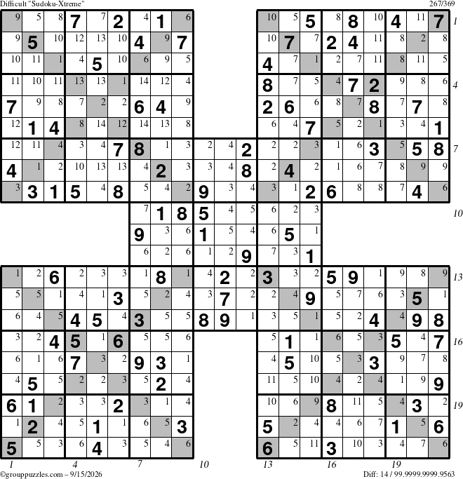 The grouppuzzles.com Difficult Sudoku-Xtreme puzzle for Tuesday September 15, 2026 with all 14 steps marked