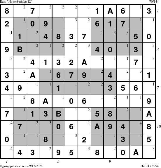 The grouppuzzles.com Easy HyperSudoku-12 puzzle for Tuesday September 15, 2026 with all 4 steps marked