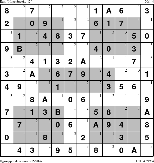 The grouppuzzles.com Easy HyperSudoku-12 puzzle for Tuesday September 15, 2026 with the first 3 steps marked