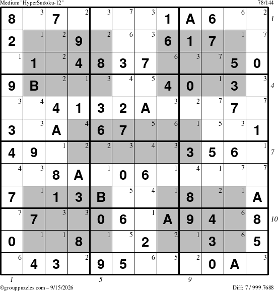 The grouppuzzles.com Medium HyperSudoku-12 puzzle for Tuesday September 15, 2026 with all 7 steps marked