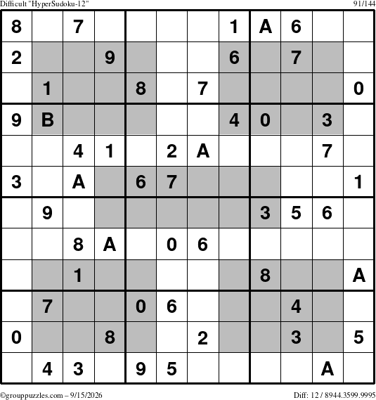 The grouppuzzles.com Difficult HyperSudoku-12 puzzle for Tuesday September 15, 2026