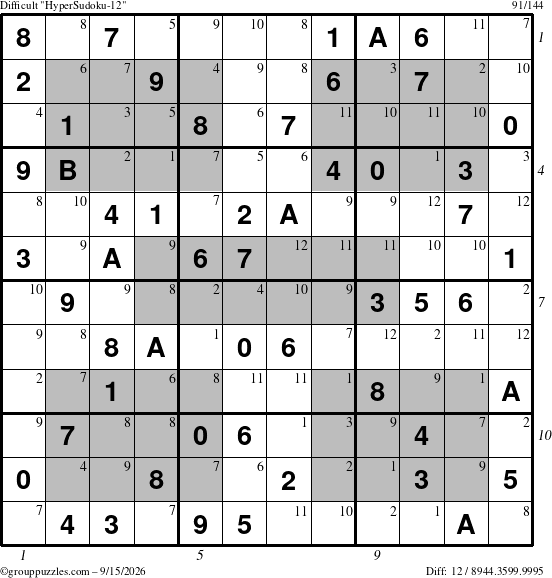 The grouppuzzles.com Difficult HyperSudoku-12 puzzle for Tuesday September 15, 2026, suitable for printing, with all 12 steps marked