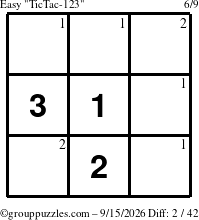 The grouppuzzles.com Easy TicTac-123 puzzle for Tuesday September 15, 2026 with the first 2 steps marked