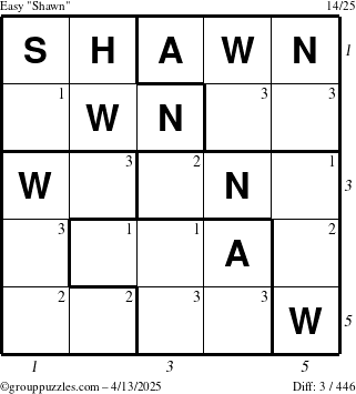 The grouppuzzles.com Easy Shawn puzzle for Sunday April 13, 2025, suitable for printing, with all 3 steps marked