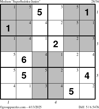 The grouppuzzles.com Medium SuperSudoku-Junior puzzle for Sunday April 13, 2025, suitable for printing, with all 5 steps marked