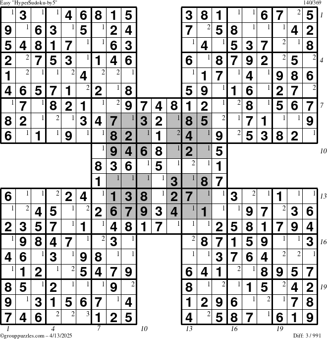 The grouppuzzles.com Easy HyperSudoku-by5 puzzle for Sunday April 13, 2025, suitable for printing, with all 3 steps marked