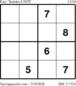 The grouppuzzles.com Easy Sudoku-4-5678 puzzle for Wednesday March 18, 2026