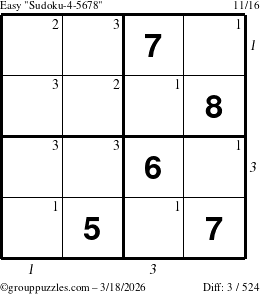 The grouppuzzles.com Easy Sudoku-4-5678 puzzle for Wednesday March 18, 2026 with all 3 steps marked