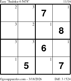 The grouppuzzles.com Easy Sudoku-4-5678 puzzle for Wednesday March 18, 2026 with the first 3 steps marked