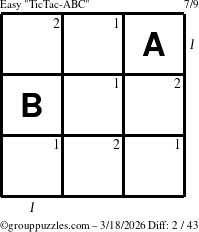 The grouppuzzles.com Easy TicTac-ABC puzzle for Wednesday March 18, 2026, suitable for printing, with all 2 steps marked
