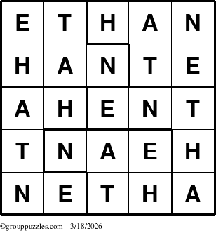 The grouppuzzles.com Answer grid for the Ethan puzzle for Wednesday March 18, 2026