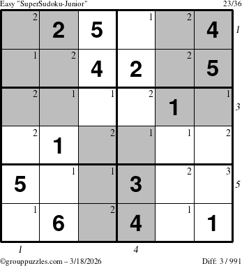 The grouppuzzles.com Easy SuperSudoku-Junior puzzle for Wednesday March 18, 2026 with all 3 steps marked