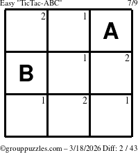 The grouppuzzles.com Easy TicTac-ABC puzzle for Wednesday March 18, 2026 with the first 2 steps marked
