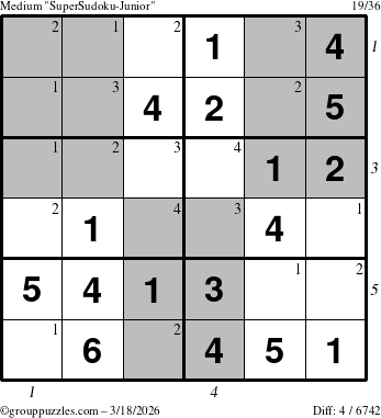 The grouppuzzles.com Medium SuperSudoku-Junior puzzle for Wednesday March 18, 2026, suitable for printing, with all 4 steps marked
