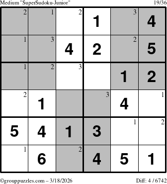 The grouppuzzles.com Medium SuperSudoku-Junior puzzle for Wednesday March 18, 2026 with the first 3 steps marked