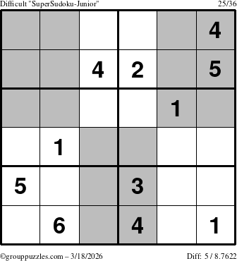 The grouppuzzles.com Difficult SuperSudoku-Junior puzzle for Wednesday March 18, 2026