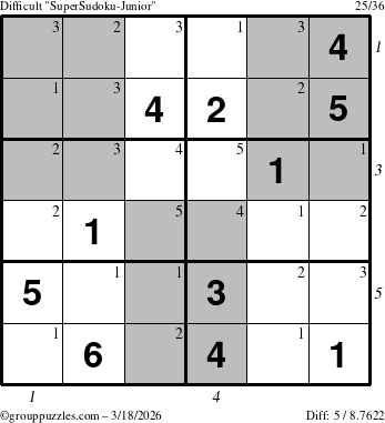 The grouppuzzles.com Difficult SuperSudoku-Junior puzzle for Wednesday March 18, 2026 with all 5 steps marked