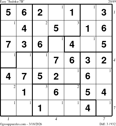 The grouppuzzles.com Easy Sudoku-7B puzzle for Wednesday March 18, 2026 with all 3 steps marked
