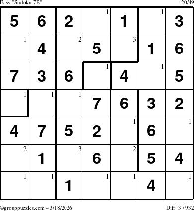 The grouppuzzles.com Easy Sudoku-7B puzzle for Wednesday March 18, 2026 with the first 3 steps marked