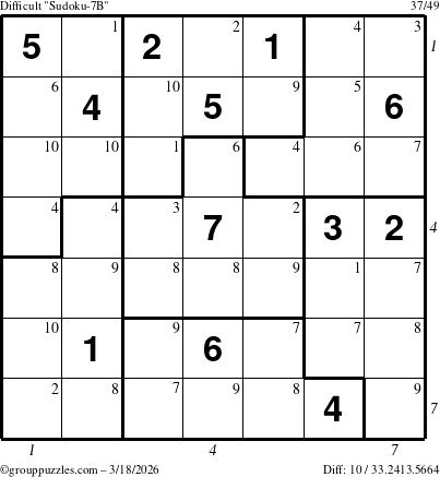 The grouppuzzles.com Difficult Sudoku-7B puzzle for Wednesday March 18, 2026 with all 10 steps marked