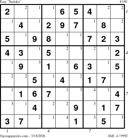 The grouppuzzles.com Easy Sudoku puzzle for Wednesday March 18, 2026, suitable for printing, with all 4 steps marked