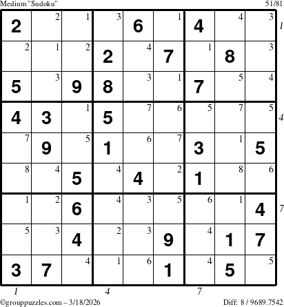 The grouppuzzles.com Medium Sudoku puzzle for Wednesday March 18, 2026 with all 8 steps marked