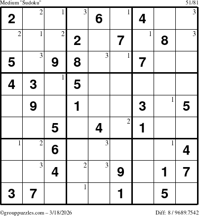 The grouppuzzles.com Medium Sudoku puzzle for Wednesday March 18, 2026 with the first 3 steps marked