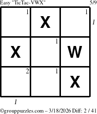 The grouppuzzles.com Easy TicTac-VWX puzzle for Wednesday March 18, 2026 with all 2 steps marked