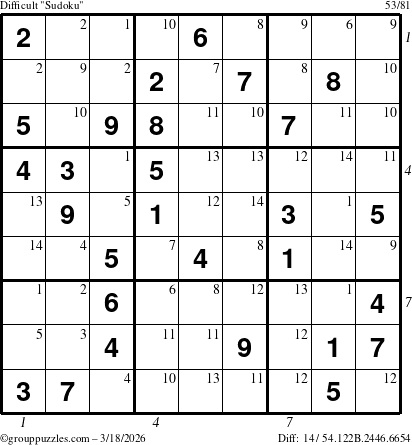 The grouppuzzles.com Difficult Sudoku puzzle for Wednesday March 18, 2026, suitable for printing, with all 14 steps marked