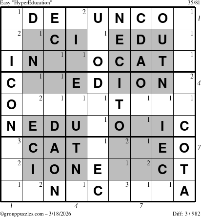 The grouppuzzles.com Easy HyperEducation-i23 puzzle for Wednesday March 18, 2026 with all 3 steps marked