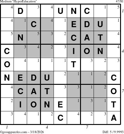 The grouppuzzles.com Medium HyperEducation-i23 puzzle for Wednesday March 18, 2026, suitable for printing, with all 5 steps marked