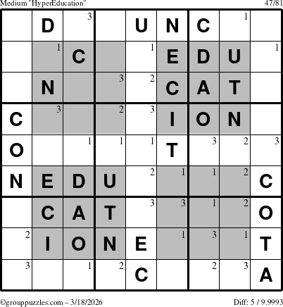 The grouppuzzles.com Medium HyperEducation-i23 puzzle for Wednesday March 18, 2026 with the first 3 steps marked