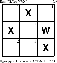 The grouppuzzles.com Easy TicTac-VWX puzzle for Wednesday March 18, 2026 with the first 2 steps marked