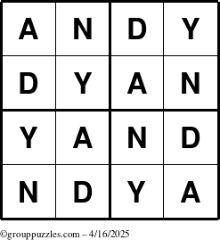 The grouppuzzles.com Answer grid for the Andy puzzle for Wednesday April 16, 2025