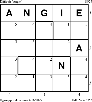 The grouppuzzles.com Difficult Angie puzzle for Wednesday April 16, 2025 with all 5 steps marked