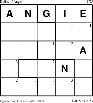 The grouppuzzles.com Difficult Angie puzzle for Wednesday April 16, 2025 with the first 3 steps marked