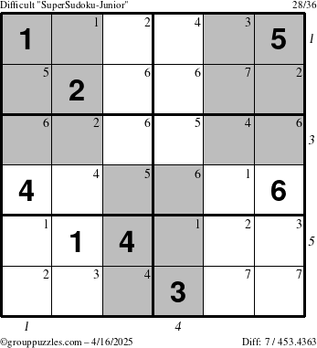 The grouppuzzles.com Difficult SuperSudoku-Junior puzzle for Wednesday April 16, 2025, suitable for printing, with all 7 steps marked