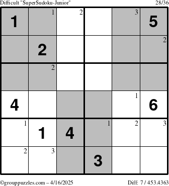 The grouppuzzles.com Difficult SuperSudoku-Junior puzzle for Wednesday April 16, 2025 with the first 3 steps marked