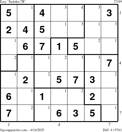 The grouppuzzles.com Easy Sudoku-7B puzzle for Wednesday April 16, 2025 with all 4 steps marked