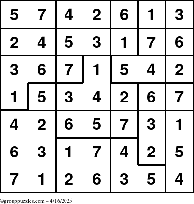 The grouppuzzles.com Answer grid for the Sudoku-7B puzzle for Wednesday April 16, 2025