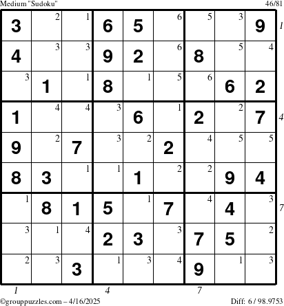 The grouppuzzles.com Medium Sudoku puzzle for Wednesday April 16, 2025, suitable for printing, with all 6 steps marked