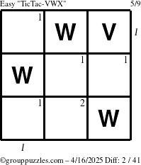 The grouppuzzles.com Easy TicTac-VWX puzzle for Wednesday April 16, 2025 with all 2 steps marked