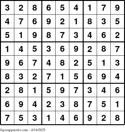 The grouppuzzles.com Answer grid for the Sudoku puzzle for Wednesday April 16, 2025