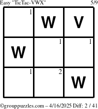 The grouppuzzles.com Easy TicTac-VWX puzzle for Wednesday April 16, 2025 with the first 2 steps marked