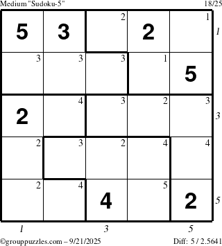 The grouppuzzles.com Medium Sudoku-5 puzzle for Sunday September 21, 2025 with all 5 steps marked