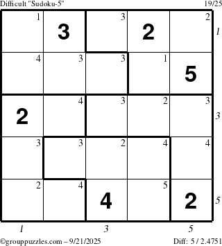 The grouppuzzles.com Difficult Sudoku-5 puzzle for Sunday September 21, 2025 with all 5 steps marked
