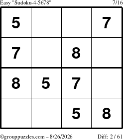 The grouppuzzles.com Easy Sudoku-4-5678 puzzle for Wednesday August 26, 2026