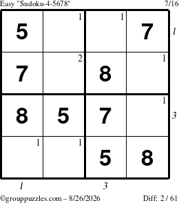The grouppuzzles.com Easy Sudoku-4-5678 puzzle for Wednesday August 26, 2026, suitable for printing, with all 2 steps marked