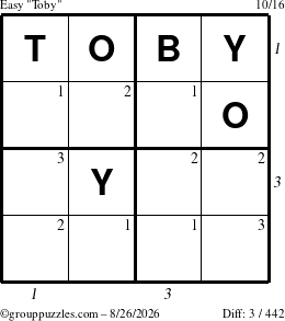 The grouppuzzles.com Easy Toby puzzle for Wednesday August 26, 2026 with all 3 steps marked