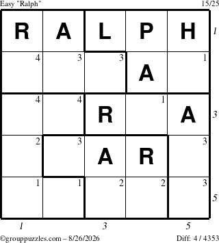 The grouppuzzles.com Easy Ralph puzzle for Wednesday August 26, 2026, suitable for printing, with all 4 steps marked